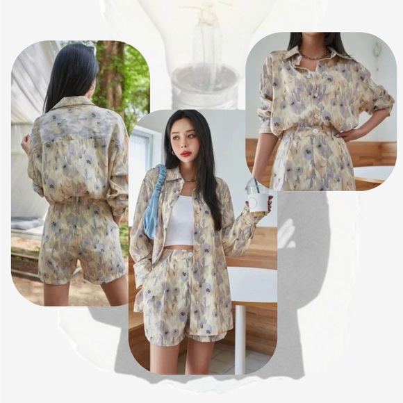 DAZY paint-like cream lavender button-down silky blouse - Picture 2 of 15